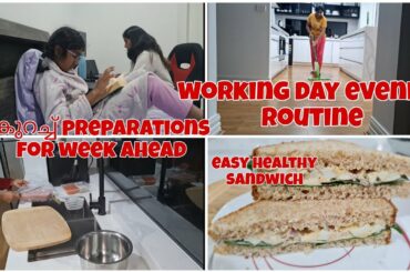 Working day evening routine Malayalam|Easy healthy sandwich|quick night cleaning routine|meal prep