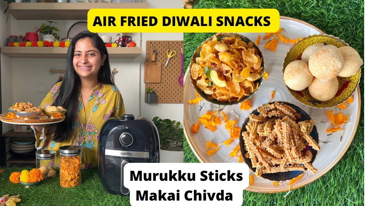 Air Fried Diwali Snacks – Healthy l Non Fried l Less Oil. Instant Rice Murukku + Makai Chivda Air Fried Diwali Snacks - Healthy l Non Fried l Less Oil. Instant Rice Murukku + Makai Chivda