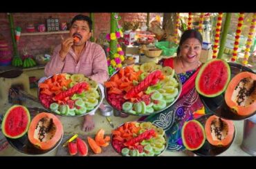 FRUIT SALAD | Colourful Healthy Fruits mixed salad recipe | Fruits Cutting and Eating in Village