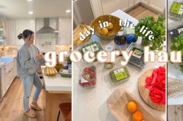 DAY IN THE LIFE | healthy grocery shop & huge haul! easy dinner, at home-workout, & what i eat!