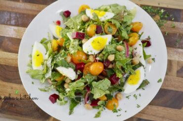 The most Satisfying + Healthy Salad Recipe -  Beets, Chickpeas, Greens, Egg, Tomatoes Salad