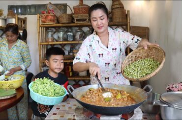 Relaxing and peaceful life in countryside Pregnant mom prepare healthy food for family