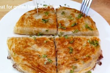 Two recipes breakfast Grilled bread bacon and Beef flour wrap