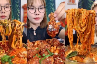 ASMR MUKBANG  Fried Chicken, steak, black bean noodles, kimchi Korean Food eating Spicy