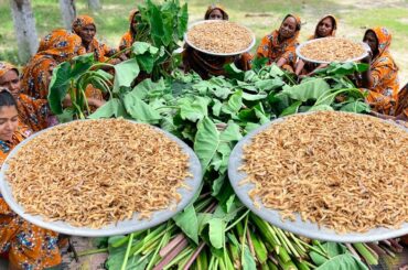 Dried Shrimp & Taro Spinach Gravy Recipe - Shutki Chingri & Kochu Shak Ghonto - Village Food
