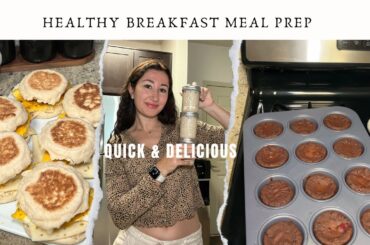 3 healthy breakfast meal prep recipes: egg & cheese English muffin, overnight oats, pancake muffins