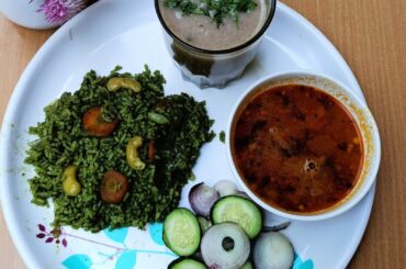 Palak Rice, Sambar, Salad With Ragi Amblee||Full Lunch Recipe||Healthy Food||Lunch Flatter