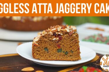Sweet and healthy Eggless Atta Jaggery Cake recipe.