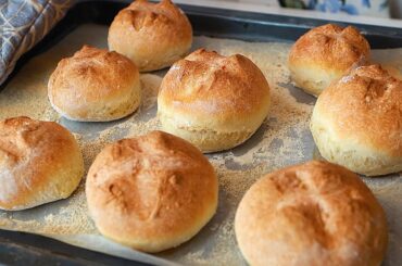 No-knead crusty buns! Best easiest bread you'll ever bake! 4 ingredients!