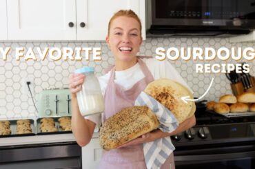 My Favorite Sourdough Recipes | sweet bread loaf, flatbreads, burger buns and cookies