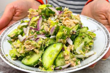 Delicious tuna, avocado and cucumber salad. Easy and healthy salad recipe! ASMR