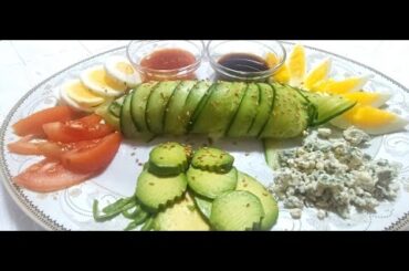 High protein cucumber Roll with boiled eggs a fancy salad for breakfast with cottage and blue cheese