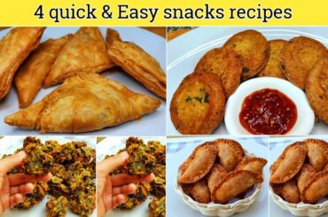 4 quick and easy snacks recipe | shami kabab recipe | palak pakora | samosa recipe | puff paster
