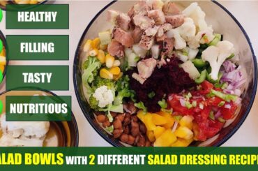 Healthy Salad Bowl | 2 dressings for salad | Cucumber salad with chickpeas & vegetable salad recipe