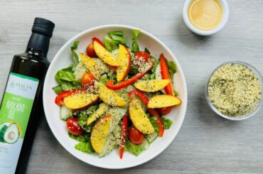 Peach And Cucumber Healthy Salad Recipe With Hemp Seeds And Avocado Salad Dressing