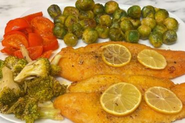 Healthy lunch for weight loss, sprouts and fish in lemon garlic sauce