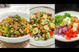 3 Different high protein salad bowl prep ideas.