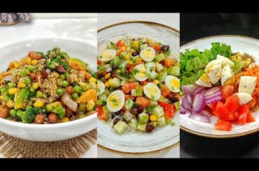 3 Different high protein salad bowl prep ideas.