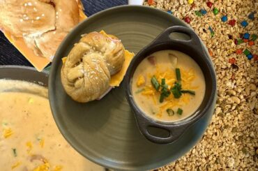 Creamy Baked Potato Soup with Pretzel Roll Sandwiches & No-Bake Granola Bars | Easy Comfort Food