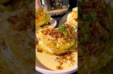 Grilled Cabbage with Crispy Tofu & White Bean Garlic Sauce #plantbased #healthyrecipes #veganrecipes