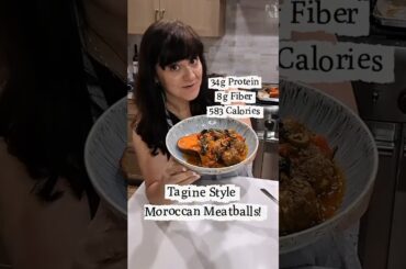 Low calorie, high protein, high fiber Tagine-Style Moroccan Meatballs with Roasted Sweet Potato!