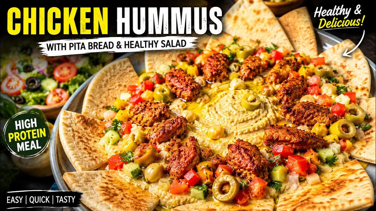 Chicken Hummus with Homemade Pita Bread & Healthy Salad | Easy Mediterranean Recipe By LK Chicken Hummus with Homemade Pita Bread & Healthy Salad | Easy Mediterranean Recipe By LK