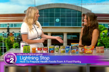 From left, WKRN-TV “Local on 2” host Stephanie Langston is shown on set with Middle Tennessee State University lecturer Sarah Harris during the Thursday, Sept. 17, 2026, “MTSU on 2” segment from WKRN’s studio in Nashville, Tenn. (Photo submitted)