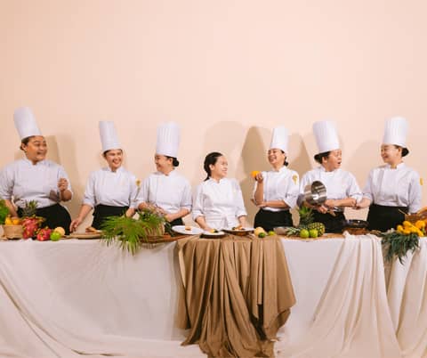 From left: Monica Francesca Manaig (Junior Sous Chef, Brasserie on 3); Patricia Joson (Junior Sous Chef, Banquets Kitchen); Doreene Ien Valencia (Chef de Partie, Pastry Kitchen); Kristine Davis (Executive Sous Chef); Via Angelica Dalida (Chef de Partie, Pastry Kitchen); Jazzel Jane Borcelis (Sous Chef, Brasserie on 3); and Rachelyn Bautista (Chef de Partie, C Lounge)