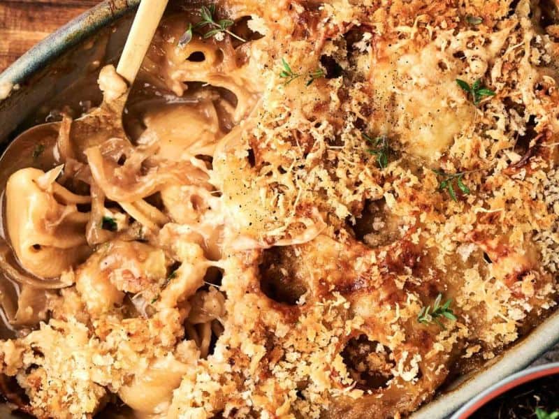 French onion casserole with a golden breadcrumb topping.
