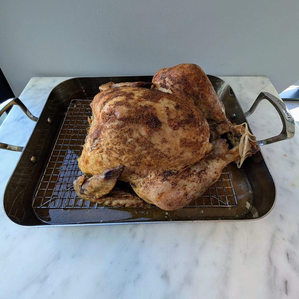 Roasted turkey on a wire rack in a roasting pan, garnished with spices and herbs. Roasted turkey on a wire rack in a roasting pan, garnished with spices and herbs.